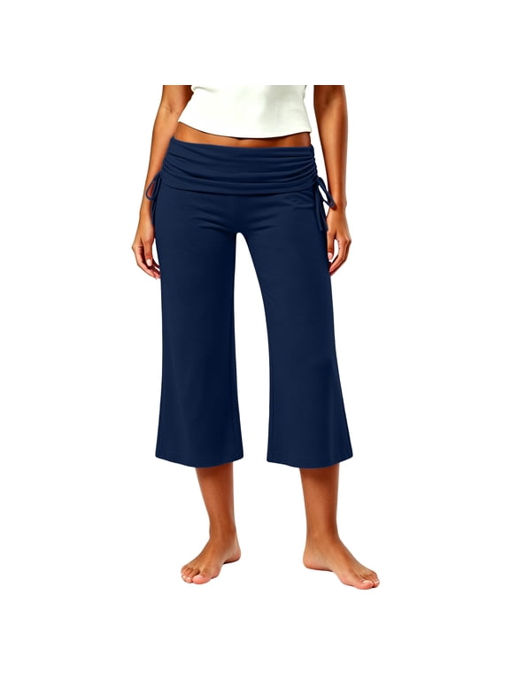 Women's Foldover Capris Side Drawstring Low Waist Yoga Pants Stretchy Wide Leg Gaucho Pant Navy M