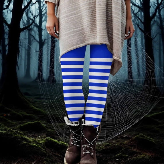 Oiangi Women's Halloween Leggings Striped Print High Waist Yoga Pants Comfy Stretch Workout Pant to Wear with Dresses Blue S