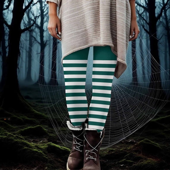 Oiangi Women's Halloween Leggings Striped Print High Waist Yoga Pants Comfy Stretch Workout Pant to Wear with Dresses Green 2XL