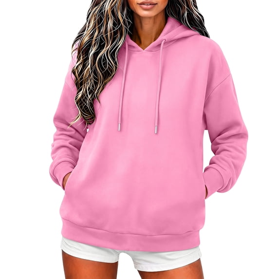 Oiangi Women's Hoodies with Pockets Long Sleeve Drawstring Sweatshirt Fall Lightweight Basic Pullover Pink M