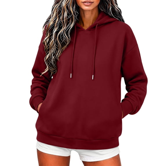 Oiangi Women's Hoodies with Pockets Long Sleeve Drawstring Sweatshirt Fall Lightweight Basic Pullover Wine XL