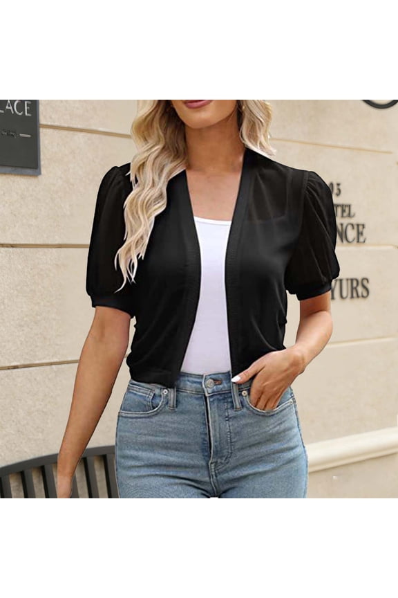 Women's Lightweight Crop Cardigans Short Puff Sleeve Bolero Shrugs Fall Sheer Casual Dressy Coverups Black 2XL