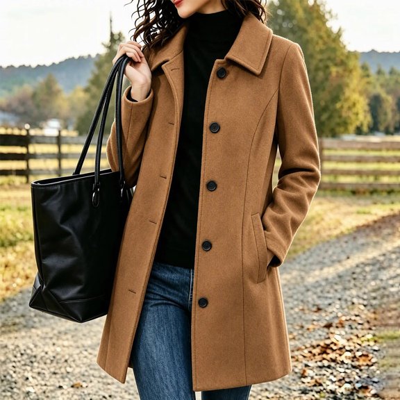 Oiangi Women's Long Coat Winter Tweed Blazer Jackets Button Varsity Trench Coat with Pockets,Shoulder Pads Khaki M