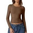 thumbnail image 1 of Oiangi Women's Long Sleeve T-Shirts Crew Neck Cinch Waist Crop Tops Fall Casual Y2K Comfy Tees Coffee M, 1 of 6