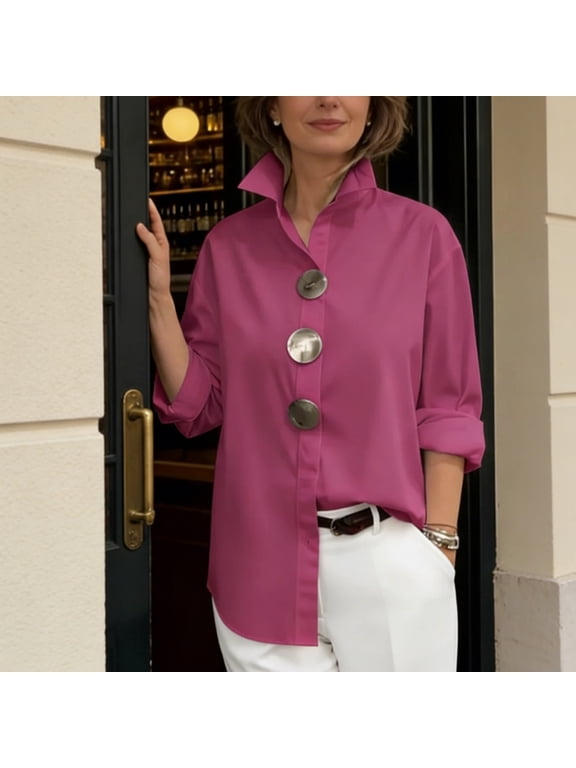 Women's Long Sleeve Tops Lapel Button Down Shirts Fall Casual Solid Travel Shirt Pink M