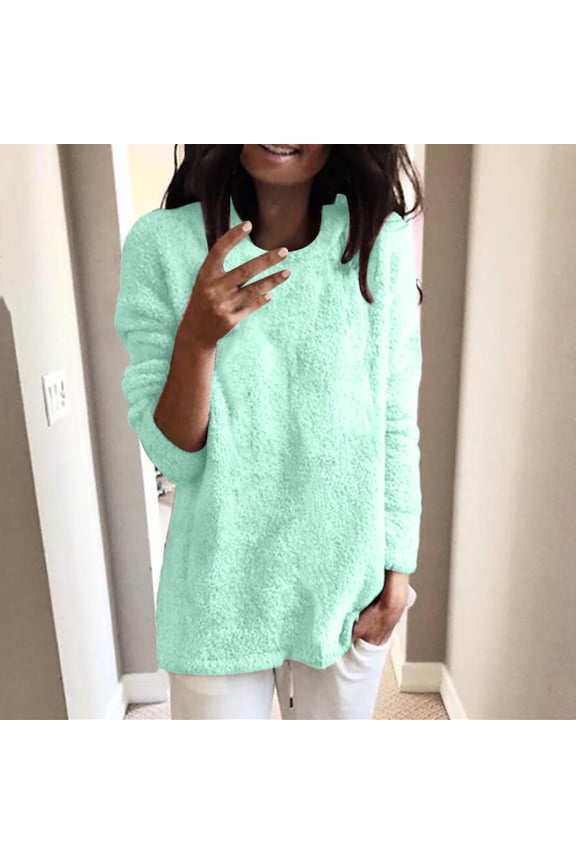 Women's Long Sleeve Tunic Tops to Wear with Leggings Fall Winter Crewneck Soft Fleece Shirts Fluffy Fuzzy Jumper Sweaters Green 2XL