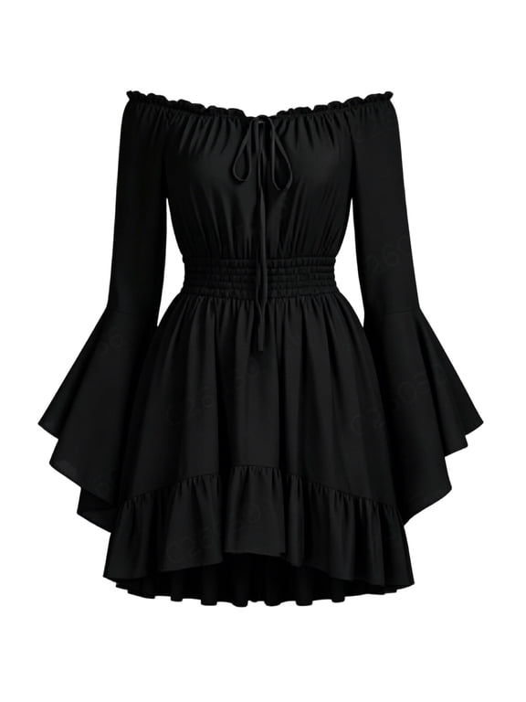 Women's Medieval Renaissance Fairy Dress Off Shoulder Bell Sleeve Corset Gothic Mini Dress for Ren Faire, Pirate Party Black M