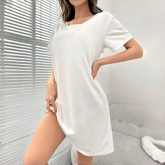 Oiangi Women's Nightgowns Cotton Sleepshirts Short Sleeve Nightshirt Tshirt Night Gown Casual Sleepdress Comfy Nightdress White XL