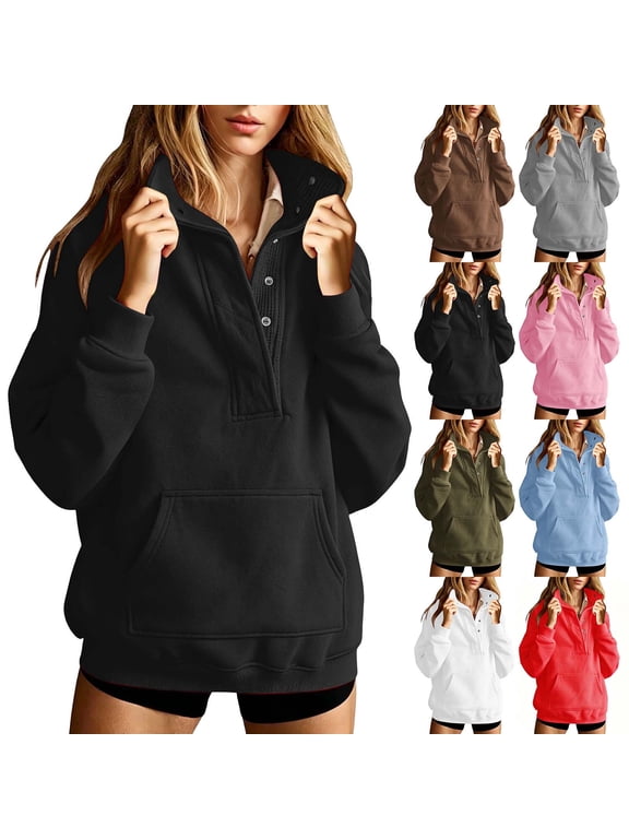 Women's Oversized Sweatshirts Snap Button Henley Neck Fashion Pullover Long Sleeve Thermal Tops Army Green L