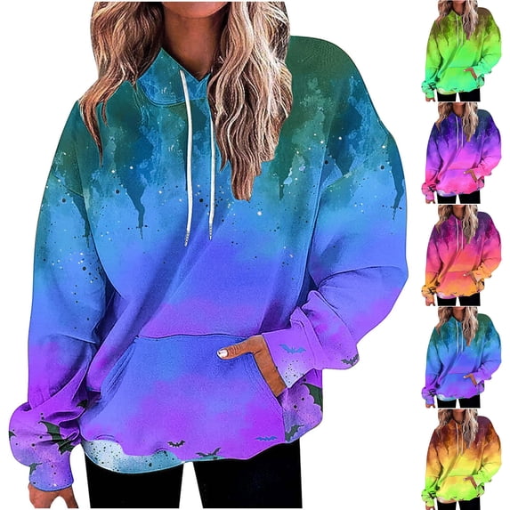 Oiangi Women's Plus Size Hoodie Fall Long Sleeve Drawstring Tie Dye Sweatshirts Casual Graphic Halloween Pullovers with Pockets Yellow L
