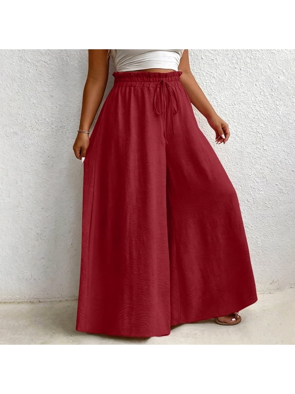 Women's Plus Size Palazzo Pants Ruffled Elastic Waist Wide Leg Pant Drawstring Casual Swing Travel Trousers Watermelon Red 5XL