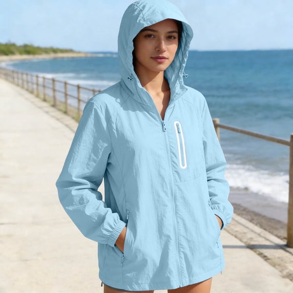 Oiangi Women's Plus Size Rain Jackets Waterproof Packable Raincoat Sun Protection Hoodies Lightweight Hiking Travel Windbreaker with Zipper Pockets Light Blue 2XL