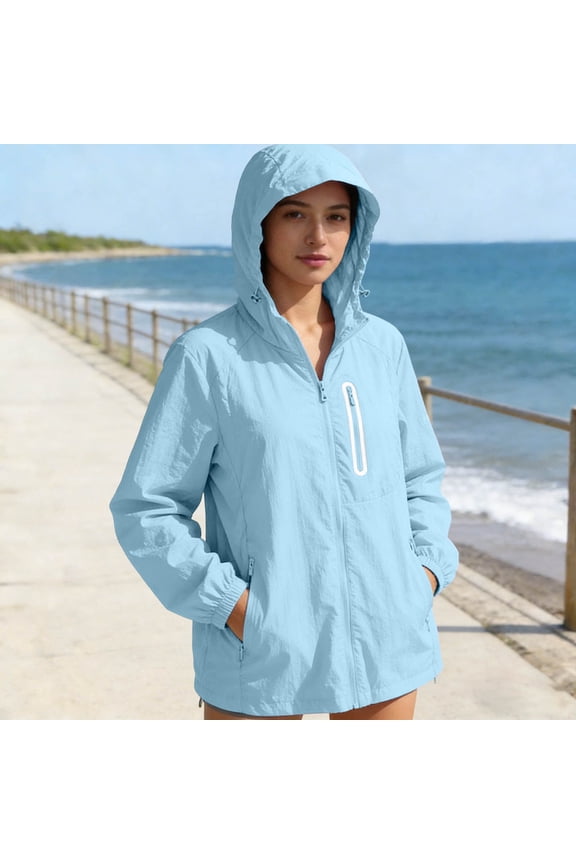 Women's Plus Size Rain Jackets Waterproof Packable Raincoat Sun Protection Hoodies Lightweight Hiking Travel Windbreaker with Zipper Pockets Light Blue 2XL