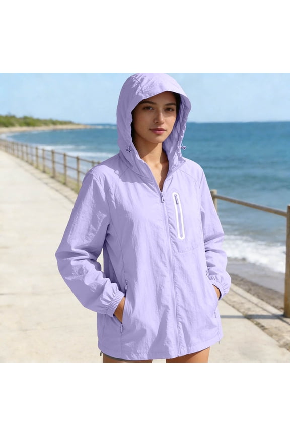 Women's Plus Size Rain Jackets Waterproof Packable Raincoat Sun Protection Hoodies Lightweight Hiking Travel Windbreaker with Zipper Pockets Purple 4XL