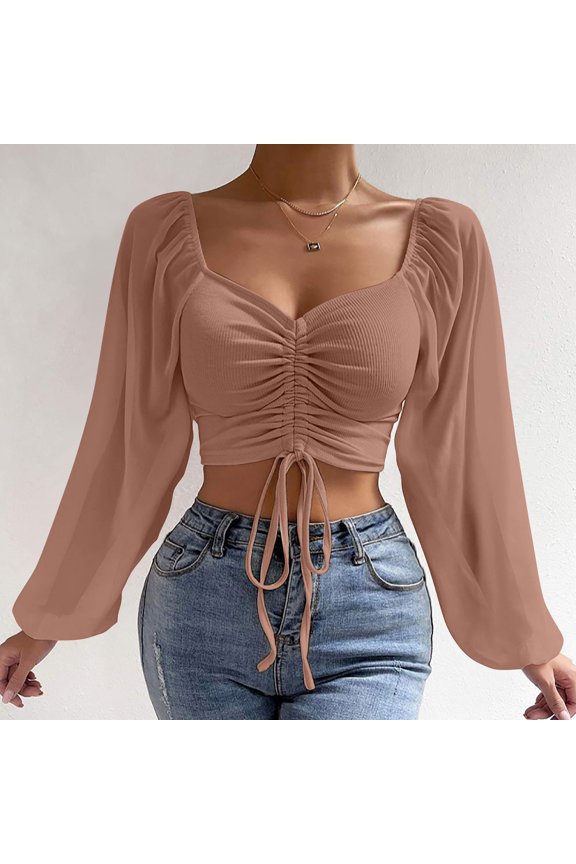 Women's Puff Long Sleeve Crop Tops Front Ruched Sweetheart Neck Shirts Trendy Drawstring Ribbed Blouses for Fall Coffee 2XL