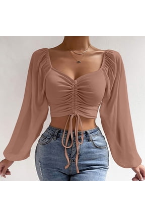 Women's Puff Long Sleeve Crop Tops Front Ruched Sweetheart Neck Shirts Trendy Drawstring Ribbed Blouses for Fall Coffee 3XL