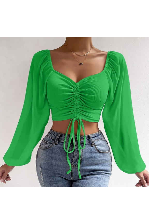 Women's Puff Long Sleeve Crop Tops Front Ruched Sweetheart Neck Shirts Trendy Drawstring Ribbed Blouses for Fall Green 3XL