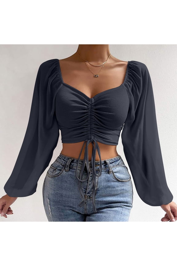 Women's Puff Long Sleeve Crop Tops Front Ruched Sweetheart Neck Shirts Trendy Drawstring Ribbed Blouses for Fall Navy XL