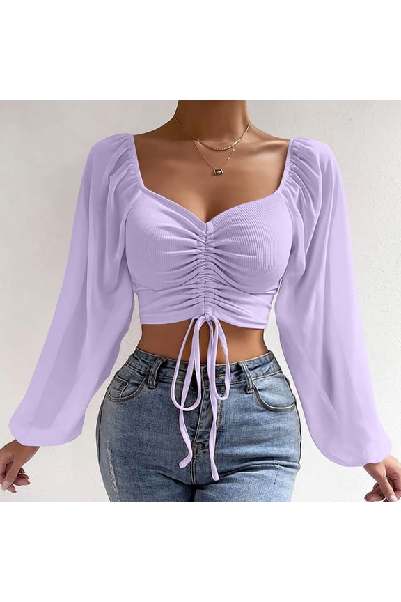 Women's Puff Long Sleeve Crop Tops Front Ruched Sweetheart Neck Shirts Trendy Drawstring Ribbed Blouses for Fall Purple 3XL