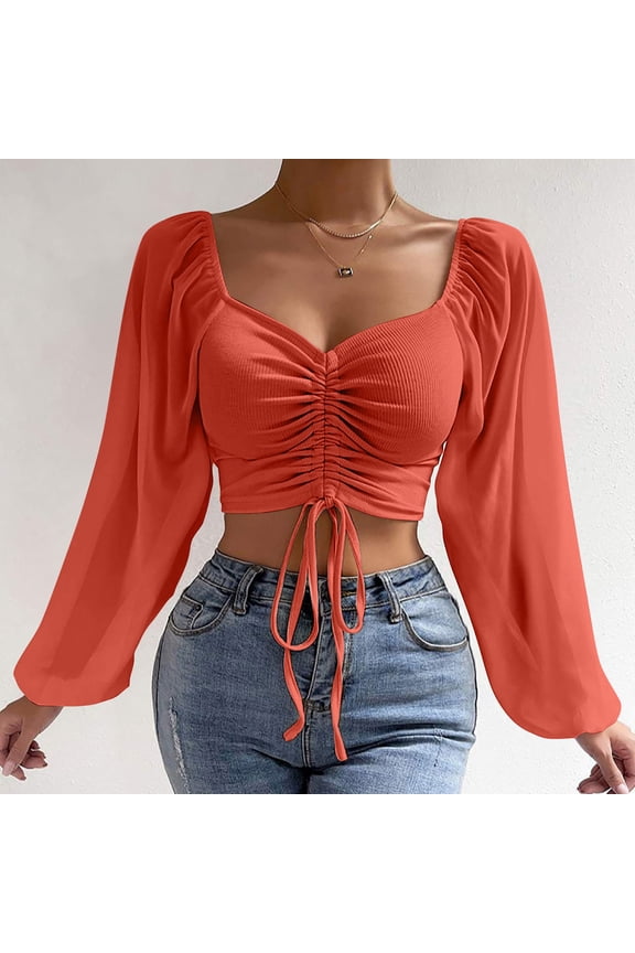 Women's Puff Long Sleeve Crop Tops Front Ruched Sweetheart Neck Shirts Trendy Drawstring Ribbed Blouses for Fall Watermelon Red XL