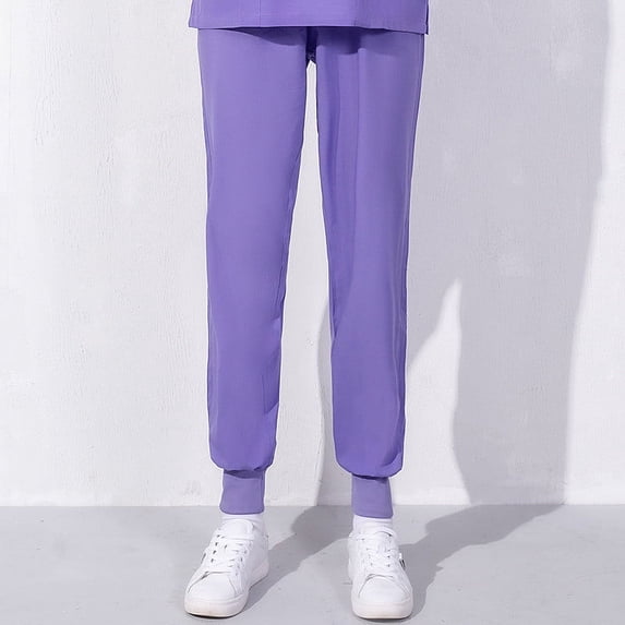 Oiangi Women's Scrub Joggers Elastic Waist Cinch Bottom Uniform Work Pants Solid Tapered Pant Purple S