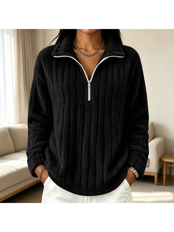 Women's Sherpa Lined Jackets Half Zip Lapel Pullover Jacket for Winter Warmth Black XL