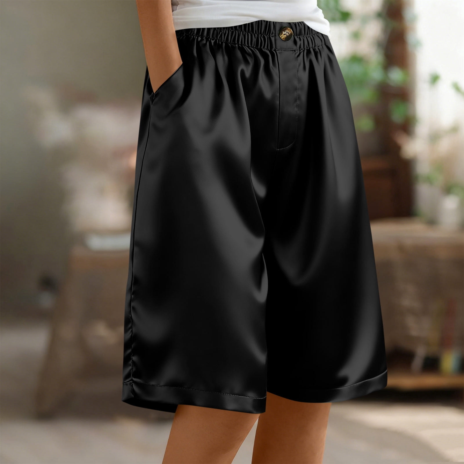 Oiangi Women's Silk Satin Shorts Elastic Waist Bermuda Shorts