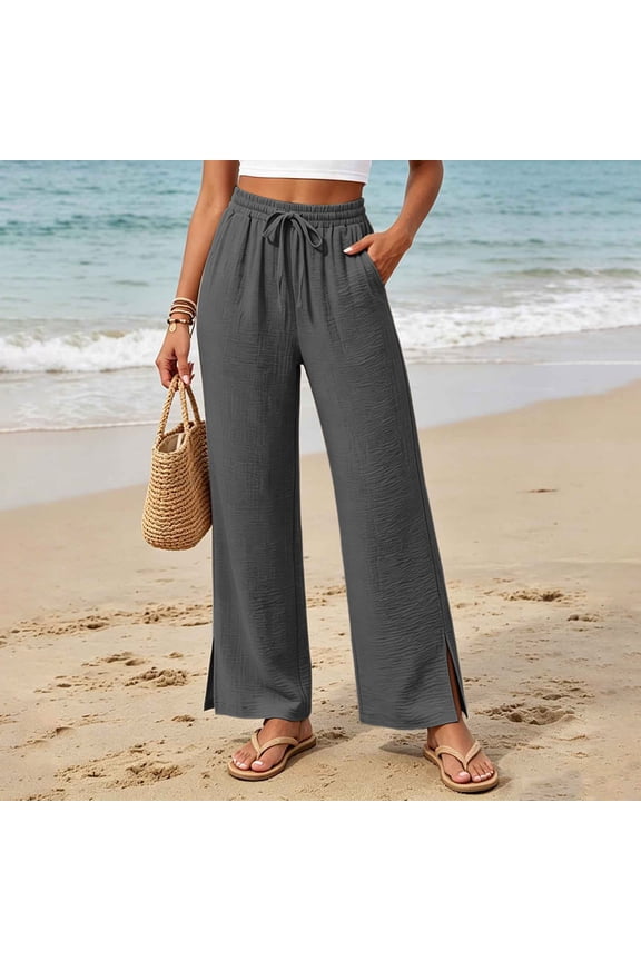 Women's Striped Beach Pants Elastic Waist Wide Leg Pant Split Hem Drawstring Ruched Pockets Trousers for Fall Dark Gray S