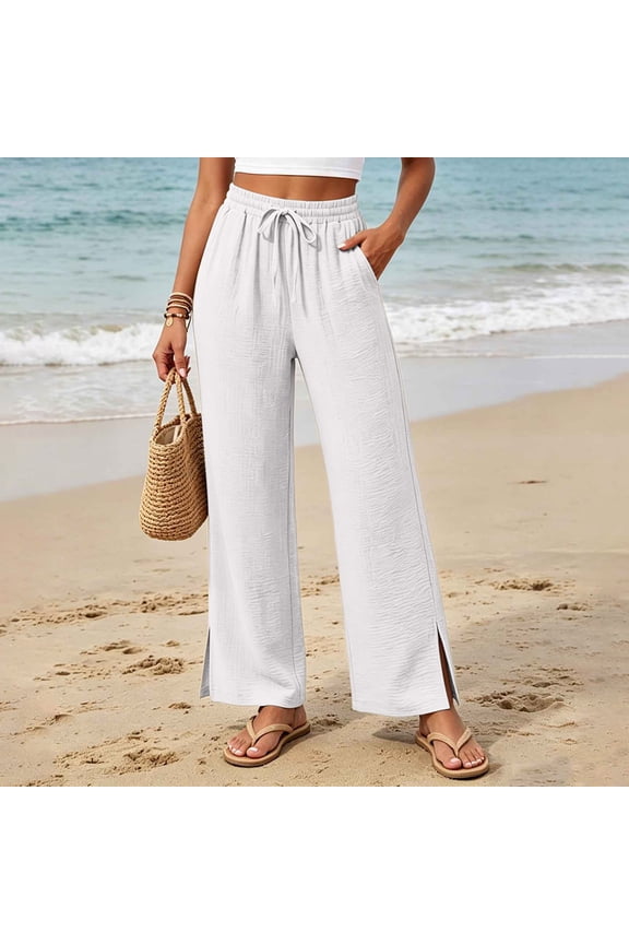 Women's Striped Beach Pants Elastic Waist Wide Leg Pant Split Hem Drawstring Ruched Pockets Trousers for Fall White S