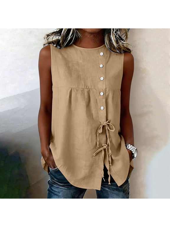 Women's Tunic Tanks Boat Neck Tie Front Sleeveless Blouses Casual Smocked Split Front Tank Shirts Khaki S