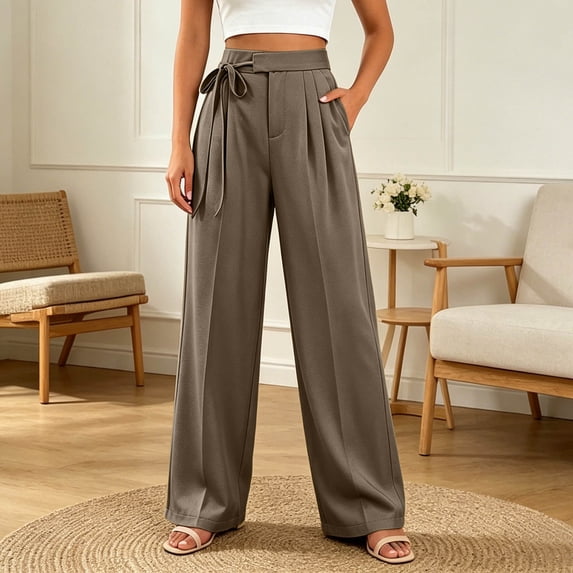 Oiangi Women's Wide Leg Dress Pants High Waist Tie Front Pant Pleated Casual Business Work Trousers with Pockets for Fall Khaki S