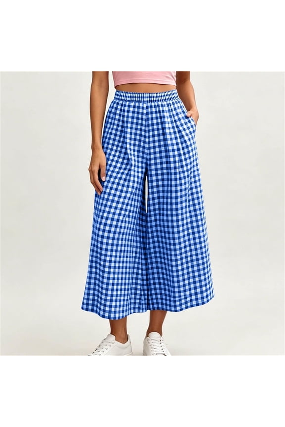 Women's Wide Leg Gingham Pants Elastic Waist Flowy Palazzo Pant Fall Casual Plaid Cropped Trousers with Pockets Blue XL