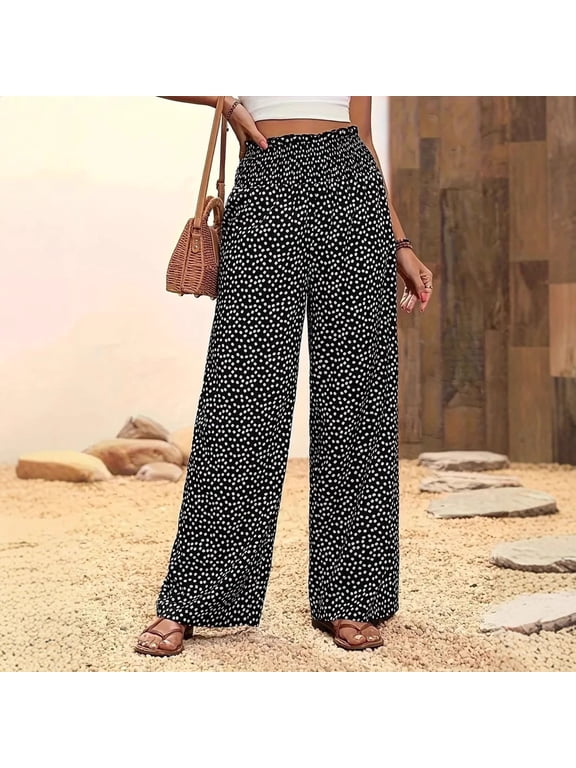Women's Wide Leg Pants Polka Dots Smocked Waist Palazzo Pant Fall Flowy Vacation Travel Trousers Black M