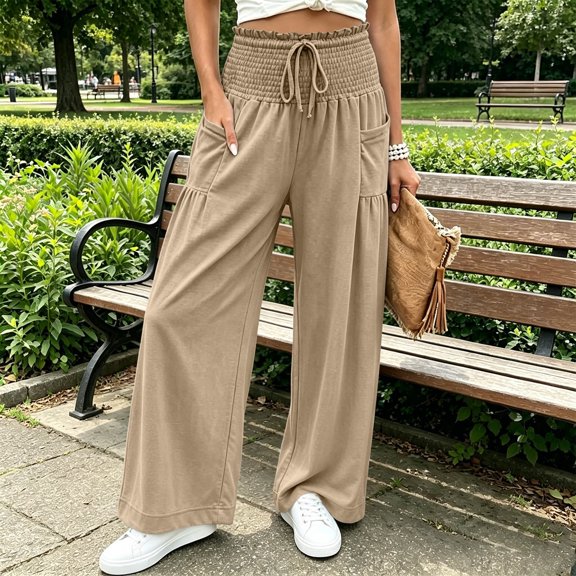 Oiangi Women's Wide Leg Pants Smocked Waist Ruffled Palazzo Pant Fall Casual Ruched Drawstring Trousers with Pockets Khaki S