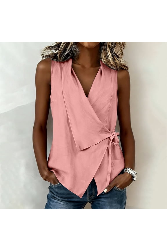 Women's Wrap Tank Top Ruched Tie Side V Neck Sleeveless Shirts Casual Split Front Tanks for Summer Vacation Pink M