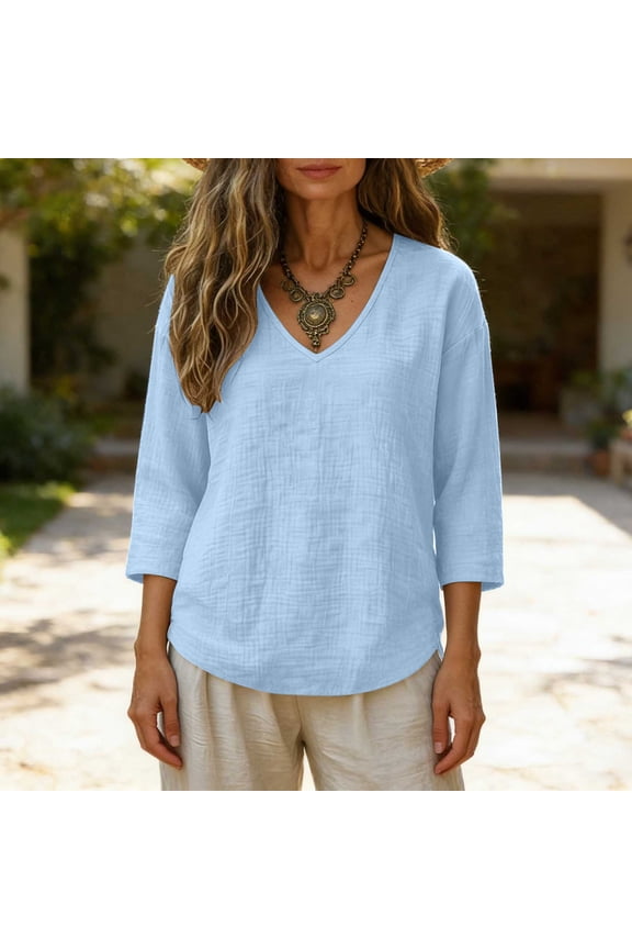 Womens 3/4 Sleeve Blouses V Neck Textured Gauze Shirts Casual Summer Plain Tops Light Blue 2XL