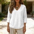 thumbnail image 1 of Oiangi Womens 3/4 Sleeve Blouses V Neck Textured Gauze Shirts Casual Summer Plain Tops White M, 1 of 5