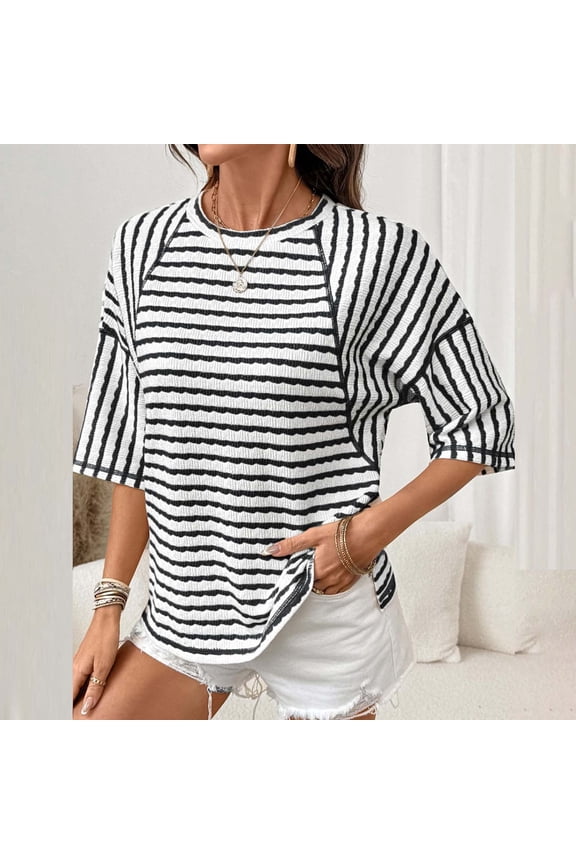 Womens 3/4 Sleeve Striped T-shirts Summer Crew Neck Color Block Tees Pullover Black 2XL