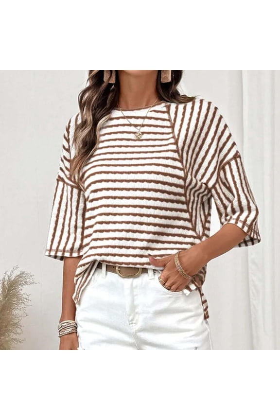 Womens 3/4 Sleeve Striped T-shirts Summer Crew Neck Color Block Tees Pullover Khaki 2XL