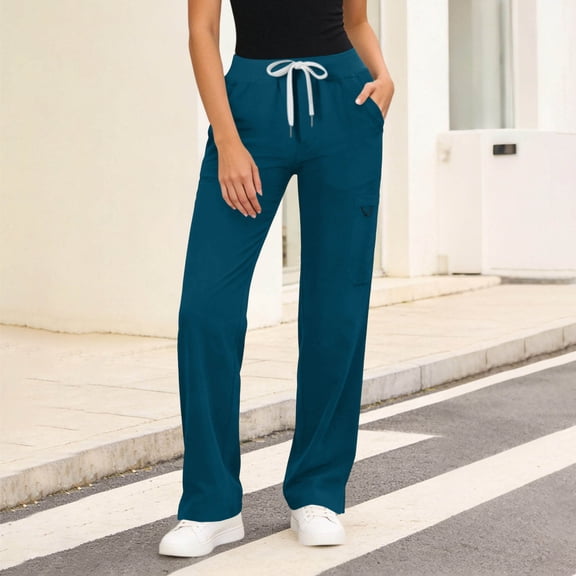 Oiangi Womens Athletic Pants Elastic Waist Drawstring Track Trousers Straight Leg Casual Workout Pant with Multi-Pocket Navy L