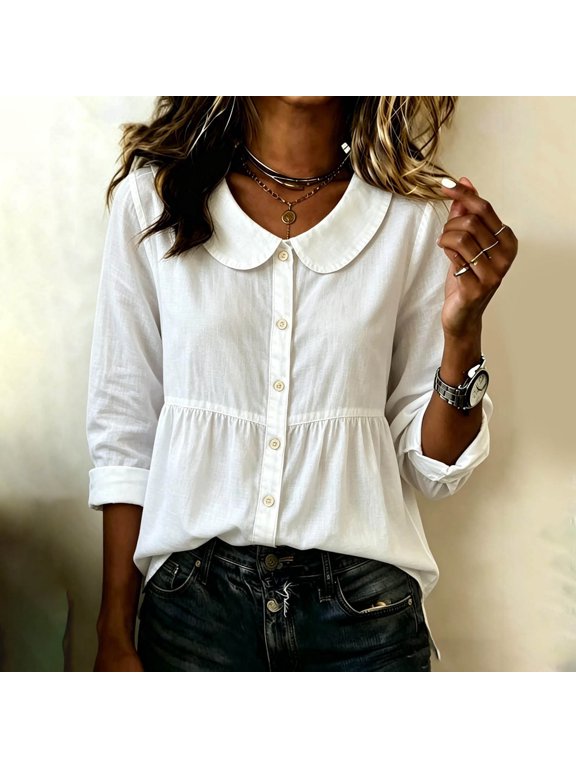 Womens Babydoll Button Down Shirts Long Sleeve Peter Pan Collared Tops Fall Casual Basic Tunic Blouses White S