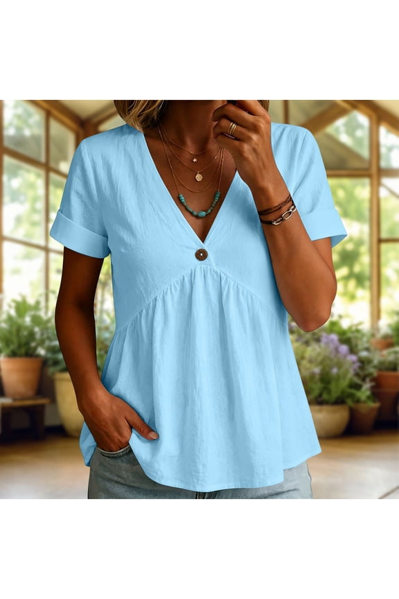 Womens Babydoll Tops Short Sleeve V Neck Cotton Linen Tunics Casual Rolled Up Flowy Blouses Blue L