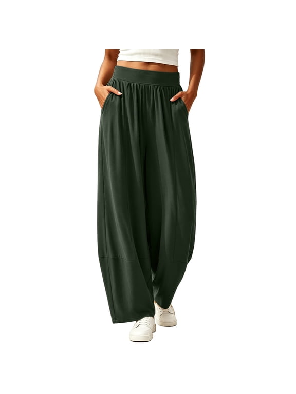 Womens Barrel Pants High Waist Wide Leg Pant Fall Casual Ruched Lounge Trousers with Pockets Army Green 3XL