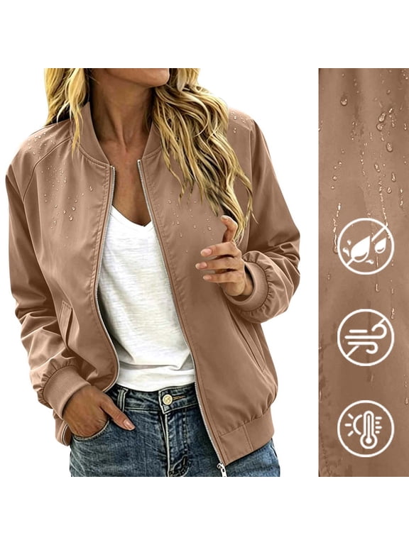 Womens Bomber Jackets Water-Resistent Varsity Coat Casual Zip Up Shackets with Pockets Khaki S