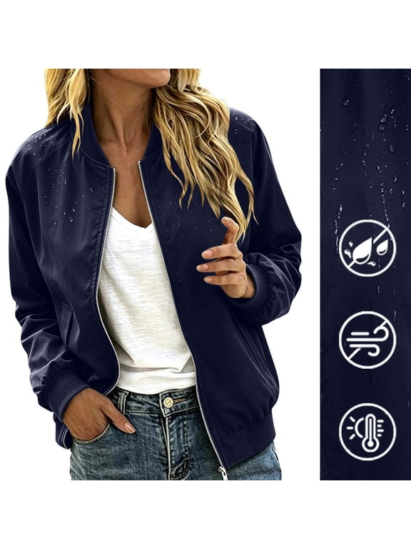 Womens Bomber Jackets Water-Resistent Varsity Coat Casual Zip Up Shackets with Pockets Navy L