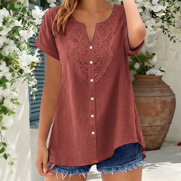 Oiangi Womens Button Down Tunic Blouses Boho Lace Henley Neck Tops Summer Rolled Short Sleeve Shirts Red L