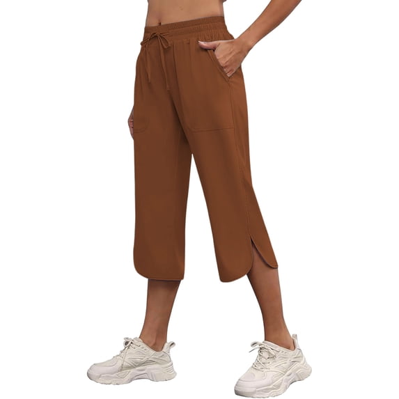 Oiangi Womens Capri Pants Elastic Waist Split Curved Hem Capris Casual Loose Comfy Crop Trousers with Pockets Coffee S