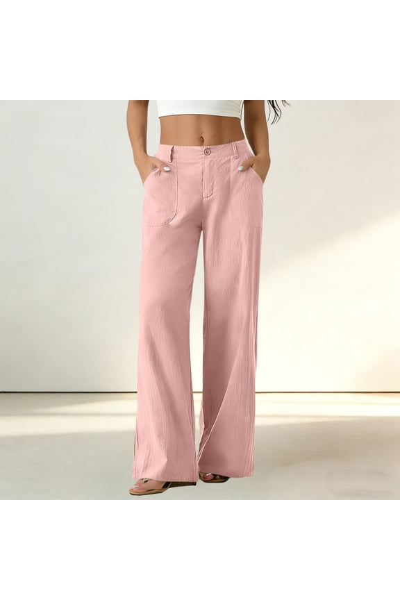 Womens Cotton Linen Dress Pants Elastic Waistband Button Zipper Trousers Casual Business Straight Leg Pant with Pockets Pink XL