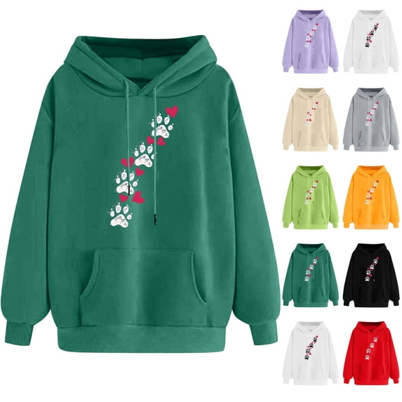 Oiangi Womens Dog Paw Print Hoodies Cute Funny Heart Graphic Sweatshirts Loose Fit Long Sleeve Hooded with Pockets White S