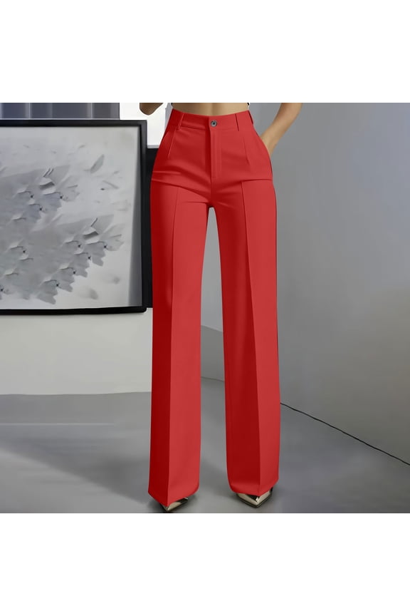 Womens Dress Pants Elastic High Waist Slacks Straight Leg Business Work Pants with Pockets Red L